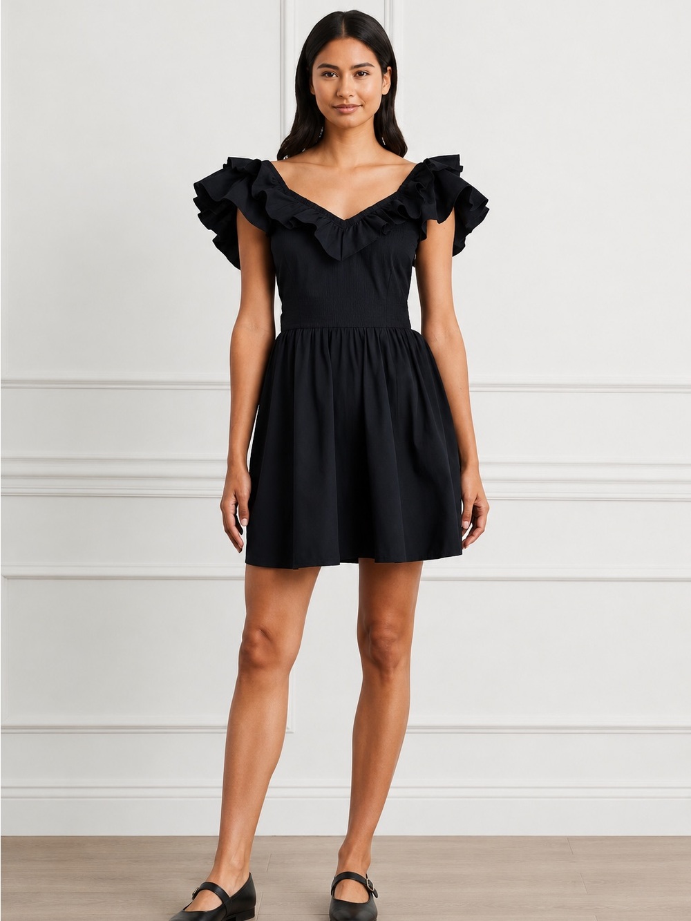 Hill House The Ana Dress Black Poplin Ruffle Sleeve Cotton Mini XS | Smocked ✨